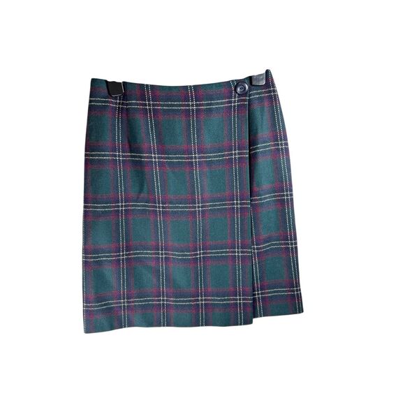 KGR Dresses & Skirts - Preppy Wool Plaid Wrap Skirt Green Burgundy Tartan Mini